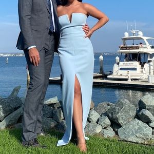 BCBG baby blue strapless structured dress with front slit